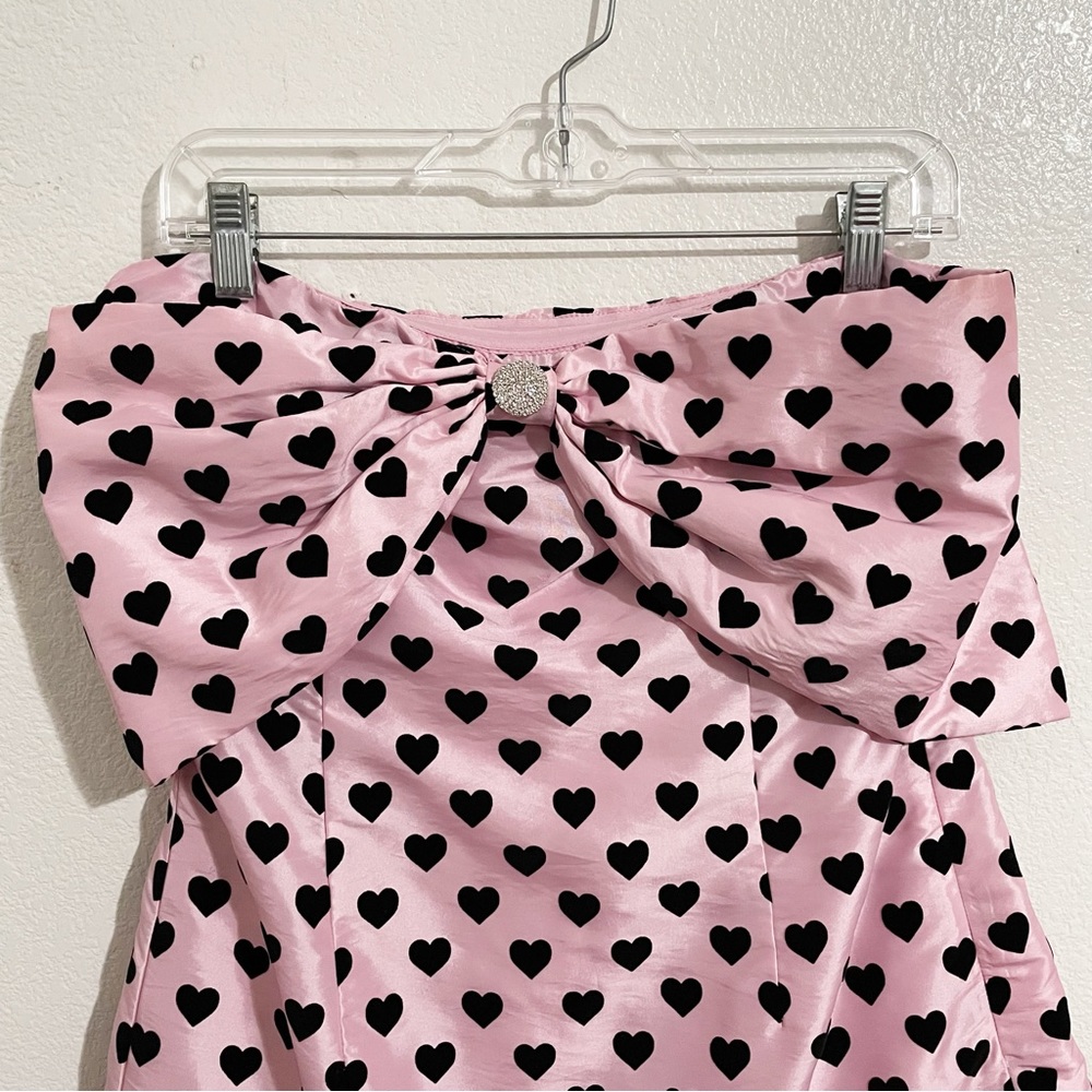 LoveShackFancy Tilson Bow Front Mini Dress in Pink Black Velvet Heart Pattern - Picture 8 of 11